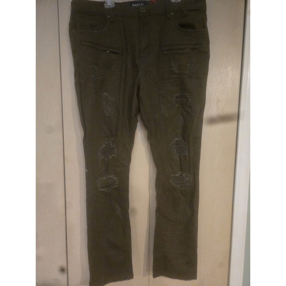 Makobi Mens 42x32 Olive Distressed Jeans NWT Slim Straight Zip Pocket Stretch